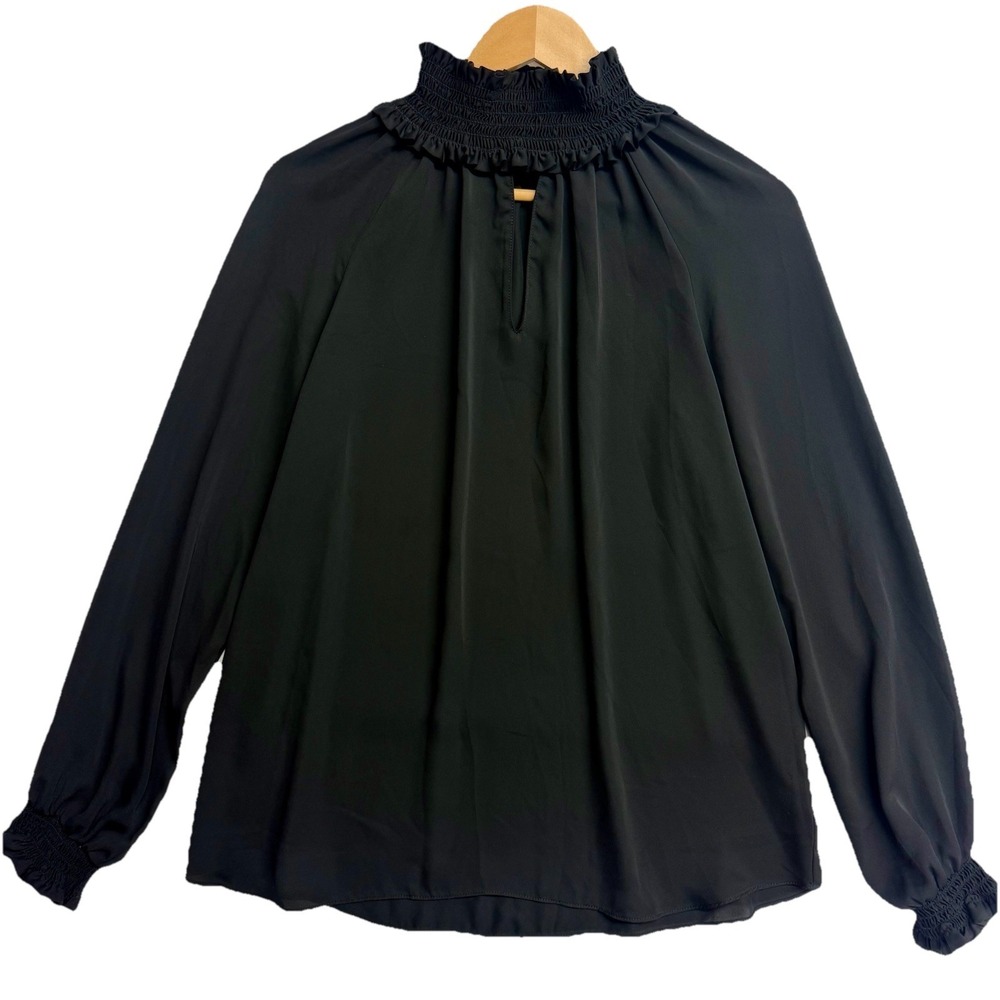 Amanda Uprichard Black Smocked Mock Neck Blouse Keyhole Long Sleeve Women M